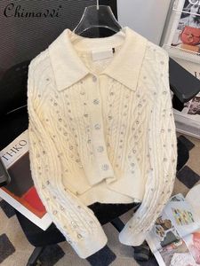 Women's Knits French Fashion Diamond Rivets Twist Weave Knitted Cardigan 2024 Spring Clothes Loose Long Sleeve Elegant Sweater Women