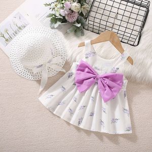 Sommar ny tjej baby bow blommor mönster söt prinsessa födelsedagsfest klänning med hatt
