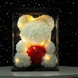 Decorative Objects Figurines 25/40CM Teddy Rose Bear Artificial Flower with Box Light Moms Girlfriend Birthday Valentines Day Gift H240521 6R9G