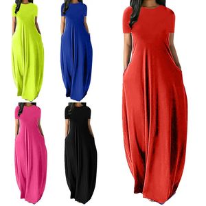 Kvinnor avslappnad kort ärm lång klänning lös dubbel fickbesättning nacke mode party maxi streetwear strand sundress 5xl 240518