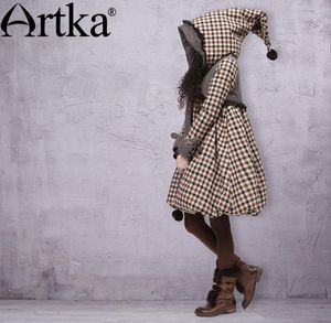 Artka Women039S Winter Point Hood Rabbit Fur Plaid broderi Bow Warm Wadded Ytterkläder Lång Aline Casual vadderad Coat A098602268984