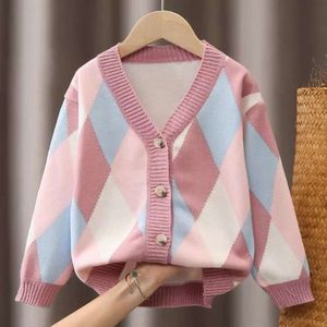 2023 Autumn Winter Girls Boys Casual Plaid Single Fleece Knitting Cardigan Long Sleeve Warm Shirt L2405