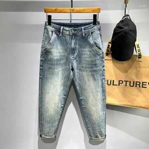 Mäns jeans baggy män harem byxor bred ben ljus blå stretch style streetwear tvättade denim byxor för man hip hop manliga kläder kpop