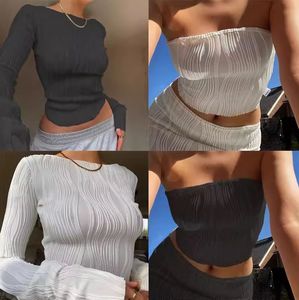 Women's T Shirts Pleated Women Autumn Long Sleeve Skinny Crop Top White Casual Y2K Clothes Black Streetwear Tops 2023 Fashion