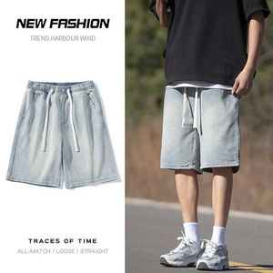 Men's Shorts 2024 Mens Summer Pocket Straight Denim Shorts Elastic Waist Fashion Casual Loose Shorts Mens Brand Clothing Light Blue J240522