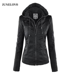 Junelove Women Hoodies Winter Moto Jacket Stänga av collor damer ytterkläder faux läder pu kvinnlig jacka coat4762662