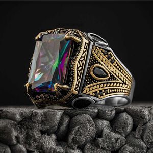 Bandringar Turkiska Signet Rings för män Ancient Silver Care Carved Eagle Ring Mystic Zircon Inlay New Punk Motor Biker Ring