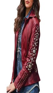 Selling Luxurious Rhines Women Leather Coats PU Lapel Neck Long Sleeves Side Zipper Beads Stunning Lady Jackets Locomotiv5163923