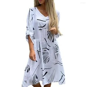 Casual Dresses Plus Size Dress Stylish Women's V Neck Midi With Three Quarter Sleeves Patch Pocket Loose Fit For Daily