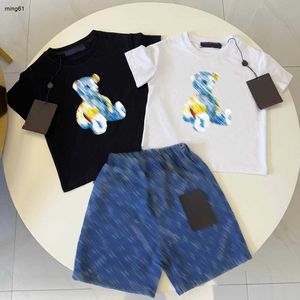 Brand kids tracksuits designer boys Summer denim suit baby clothes Size 100-150 CM 2pcs Colorful Doll Bear Pattern T-shirt and denim shorts 24May