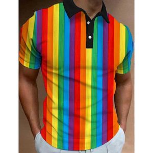 Herren Polos 3D -Farbe Regenbogenstreifen Druck Polo T -Shirt für Männer FODEL SPORT SLVE HIMITEN Übergroße lässige Bluse Knöpfe Tops T240522