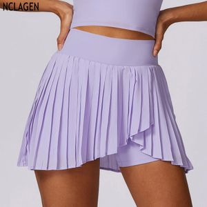 Nclagen Safe Теннисные юбки с карманными шортами в спортзале гольф бег плиссированный брюк Sexy Women Sports Fitness High Ioga Skort 240522