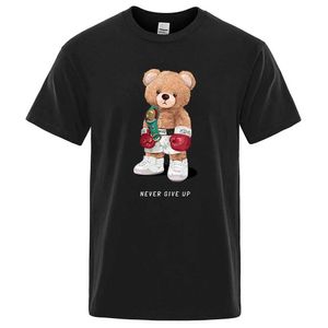 Men's T-Shirts Strong boxer Teddy Bear never gives up printed funny T-shirt Men Women Cotton casual short slve loose oversized family T-shirt T240522