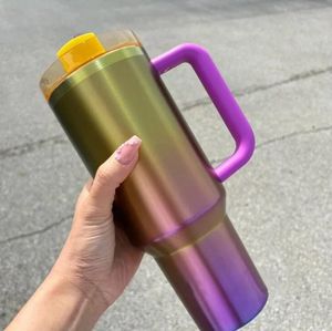 Neue Farbe 40oz Sonnenuntergang Gradienten Abenteuerlöser H2.0 Tumbler Edelstahlbecher mit Silikongriff Deckel Stroh Neon Weiß rosa Reisewagen GG0523