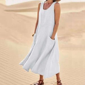 Varma sommarkvinnor Casual Dresses Pocket Sleeveless Round Neck Women's Cotton Linen Dress Loose Khaki White Black Home Outdoor kjol C26