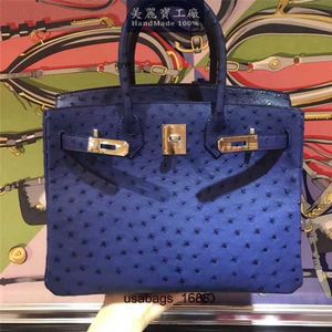 Handbags Ostrich Leather Handmade Original True Ostrich Leather Bag 30cm Womens Handheld Treasure Blue