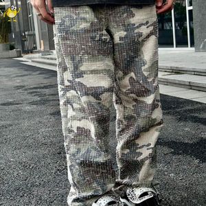 Camouflagem danificada de tecido pesado calças retas homens Mulher High Street Rua Vintage Casual Casual Vintage