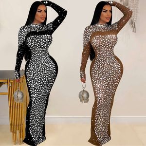 Z2250 Damens sexy Mesh Perspektive Nachtclub Party Ärmel heißer Diamantboden fegte lange Kleid