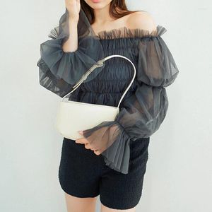Blusas femininas malha doce blusa de luva plissada de flare slash pescoço de pescoço sólido camisas de pulôver 2024 outono japão chique fresco blusa
