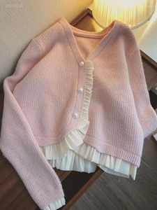 Women's Knits Sweaters 2024 Autumn Gentle Korean Pearl Button Ruffled Patchwork Pink Cropped Cardigan V Long Sleeve Mesh Knitted Coat