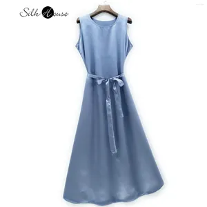 Casual klänningar 2024 Summer Silk Plain Satin Sleeveless Smooth Simple Round Neck Tank Top Women's Fashion Dress