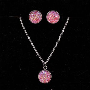 Orecchini Necklace Fashion Druzy Drusy 12 mm in acciaio inossidabile Resina rotonda Set di gioielli set di consegna a goccia dhbdu