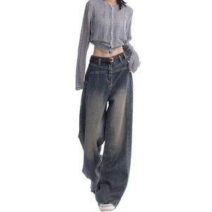 Jeans retos femininos Ajusta elástica de cintura alta calça jeans vintage de lazer estilo moda de moda larga as calças de perna larga de pernas largas