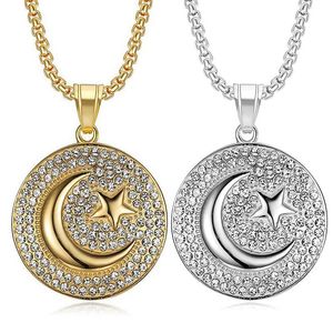 Muslim Crescent Moon and Star Pendant 14K Gold Iced Out Round Necklace Hip Hop Women Men Islamic Jewelry