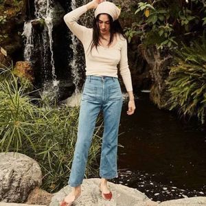 French 24SS Summer e Spring Designer Feminino Jeans jeans jeans com bolsos de bolso duplo e calça de perna larga larga de micro flare para mulheres calça de emagrecimento