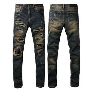American style high street slim fit elastic versatile live streaming internet celebrity distressed washed and patchwork leather jeans