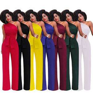 Womens Jumpsuits Rompers Womens Jumpsuit Solid Skew Collar Crop Top Straight Pants Belt Sexy Sleeveless Loose Pants Elegant Charming Playsuits 2024 Y240521 Y4LNU