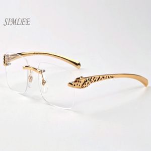 2018 Vintage Designer Solglasögon för män Kvinnor Rimless Buffalo Horn Glasses Gold Leopard Frames Billiga solglasögon Kvinnsglasögon med 335F