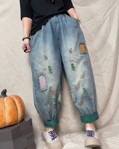 Kvinnors jeans 23spring Summer Women High Street Style tvättade blekt lapptäckhål Vintage Kvinnlig tidvatten denim ankellängd harembyxor