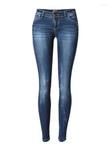 Jeans femininos Cantura baixa Mulheres magras moda moda lavada branqueada jeans azul push up