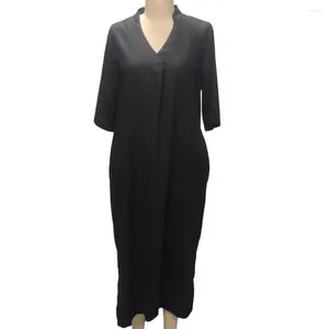 Casual Dresses Women Dress Elegant V Neck Maxi For With Three Quarter Sleeves Ankle Length Solid Color Wear Or Beach Vacation