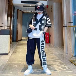 Summer New Fashion Sports Cotton 2pcs T-shirts+Pants Suits 5-14 Years Teenage Girls Hiphop Oufits Tops Sets Kids Clothing F240523