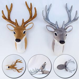 Simulação Pluxush Rena Elk Deer Head Doll Realistic Antlers Antlers Mount Mount Sculpture for Home Party Natal Decor 240522