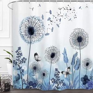 Cortinas de chuveiro azul floral aquarela de leão de leão selvagem planta fazenda de tecido à prova d'água decoração de banheiro decoração de banheiro lavável