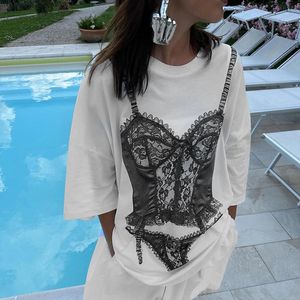 Y2k Baggy White T-shirt Short Sleeve Graphic Streetwear Women Tops Tees Bikini Printed Oversized Casual Summer Blouse 240522