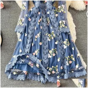 Basic Casual Dresses 2024 Summer Embroidery Lace Dress Women Long Sleeve Boho Flowers Tle Floral Blue Elegant Holiday Party Evening Mi Dhvob