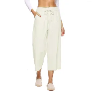 Женские брюки повседневная эластичная талия с брюками с завязки широкой укороченный хлопковой льня