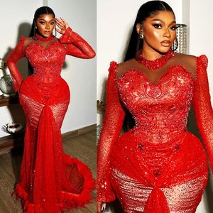 2024 Plus Size Aso Ebi Prom klänningar Illusion Långärmar Promdress High Neck Feathered Mermaid Sequined Lace Pärlagad spets födelsedagsklänning andra mottagningsklänning AM869