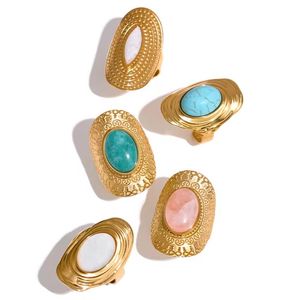 Stainless Steel Natural Stone Pink Green Turquoise Hyperbole Ring Women Bohemian Stylish Adjustable Big Jewelry