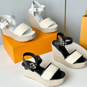 designer sandals women espadrilles leather high heels wedge heels with adjustable buckle party wedding dress shoes with box 378