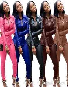 Fall PU Leather Women Jacket Coat Pants Sets Designer Fashion Cardigan And Leggings Slim Fit Two Piece Sweatsuits 3XL4540575
