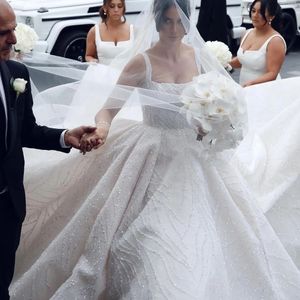 2024 Hot Sale Wedding Dress Square Neck Sequins Beading Crystals Ball Gown Bridal Bride Gowns Saudi Arabic Vestido de Noivas Custom Made