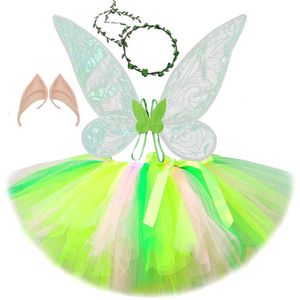 Kjolar rosa gröna fairy tutu kjol outfit för flickor djungel skog älva klä upp kostymer för barn halloween julkjolar med vingar y240522