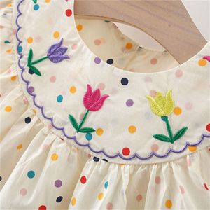 New Cute Girl'S Dress Sweet Rose Embroidered Small Round Dots Korean Version Loose Bubble Sleeve Cotton Beach Skirt