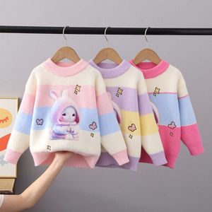 Barntröjor Autumn Winter Girls Fluff Pullover Theyend Warm Girls 'Cartoon Rabbit O-Neck Full Sleeve Knit Shirt L2405