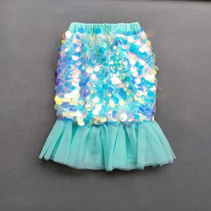 Skirts Girls Sequins Beaded Midi Skirts Girls Daughter Sea Blue Mermaid Princess Skirts Childrens Mesh Stitching Long Skirt Kids Y240522